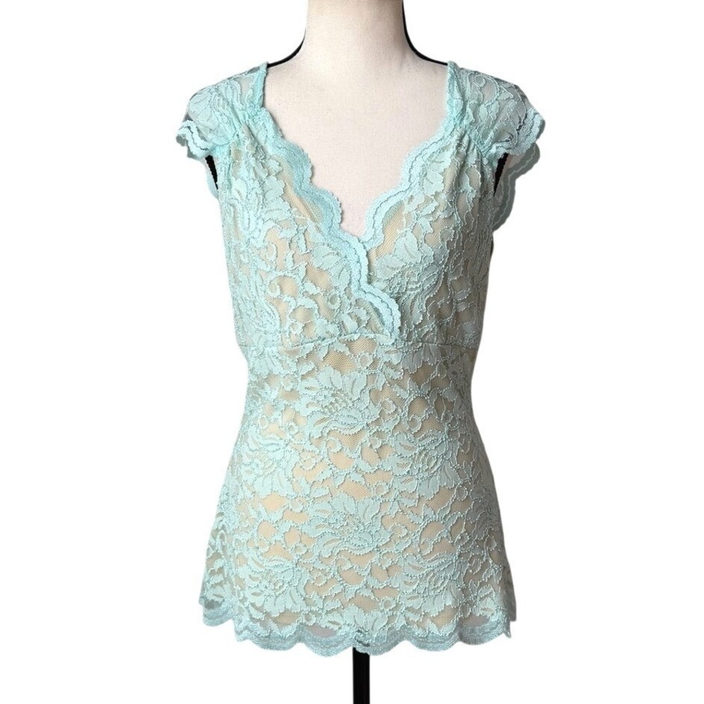 Boston Proper Lace Babydoll Top Aqua Blue Cap Sleeve Feminine Coquette Spring‎ M
